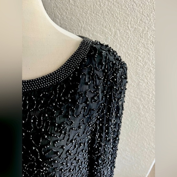 Papell Boutique Evening Black Beaded Silk Vintage Dress Tunic womens Size M 8/10 - Picture 3 of 4